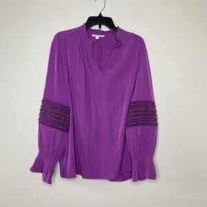 Chico's Blouse 4 XXL Purple Tunic Top Mesh Studded Sleeve Ruffle Cuff V Neck